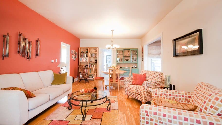 living room, colorful carpet